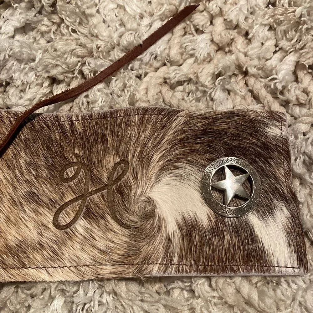 Cowhide Bottle / Can Coozie Brindle Concho Personalized Letter “H”